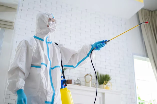 Archived illustration of a person wearing a coverall while spraying