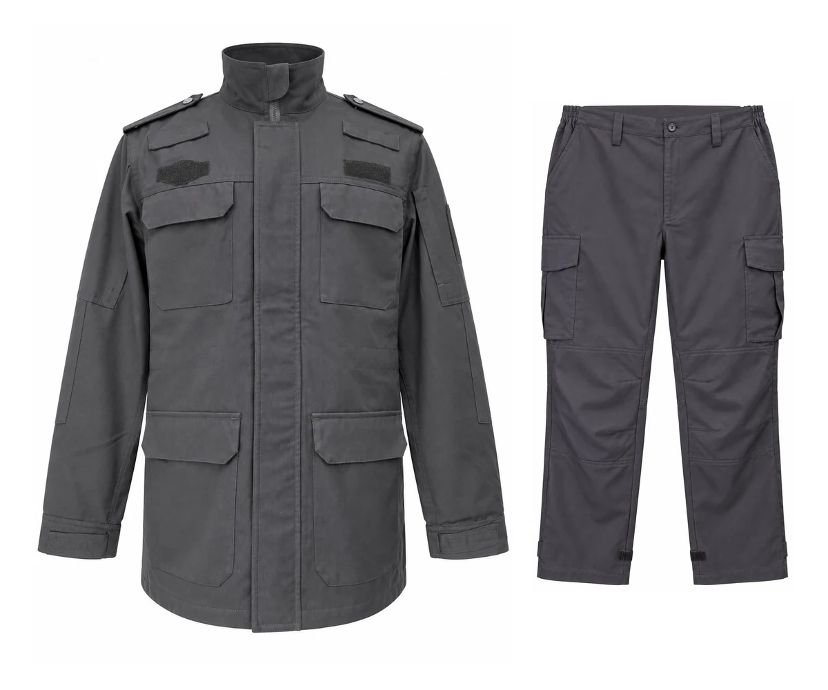 WS-003 charcoal stand-collar jacket and matching cargo trousers, shown from the front