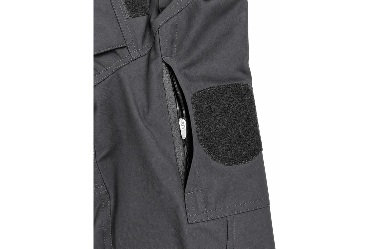 Close view of the sleeve pocket and stitching on a charcoal workwear sample jacket