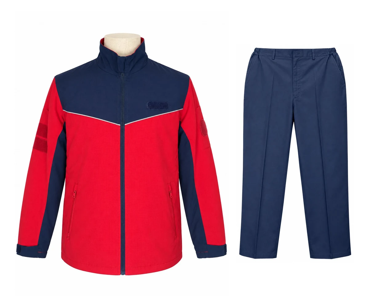 WS-004 red and navy jacket paired with navy work trousers