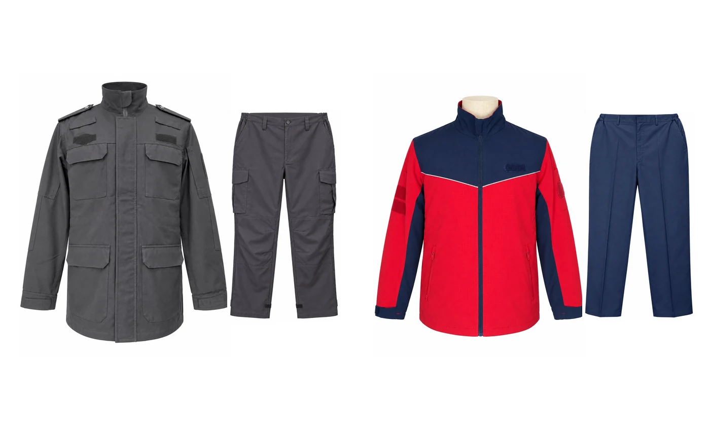 Charcoal multi-pocket jacket with cargo trousers beside a red and navy jacket with navy work trousers