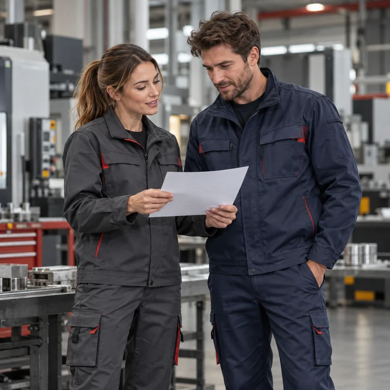 Illustrative scene of two professionals wearing unbranded workwear in an industrial workshop