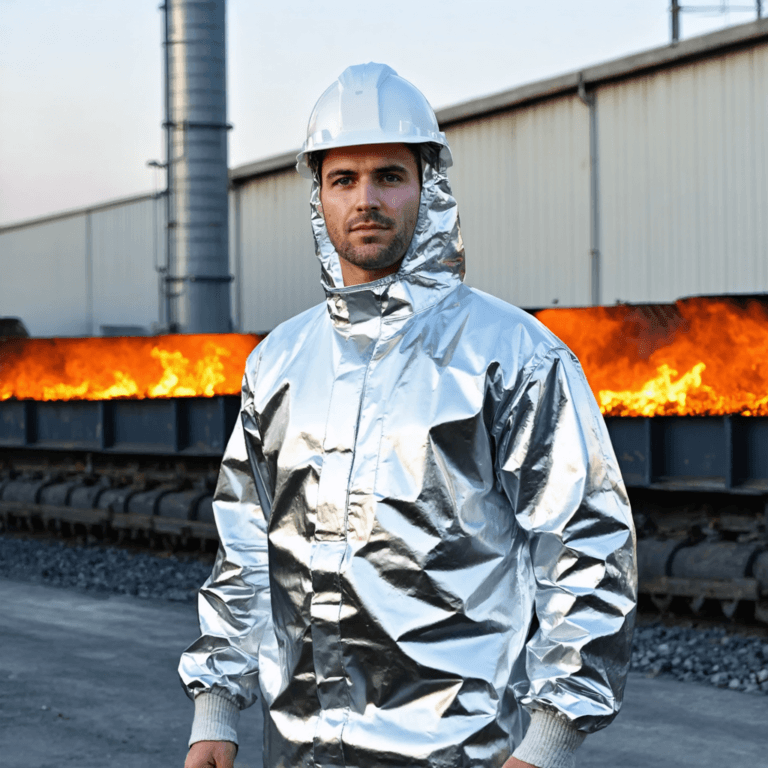 Worker in aluminized protective gear